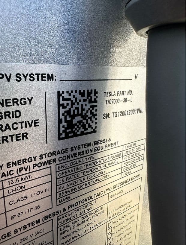 Tesla Powerwall 3 nameplate label
